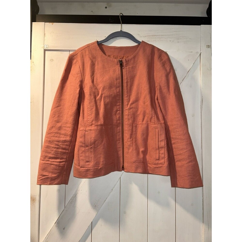 Loft Pink Salmon Coral Zip-Front Collarless Jacket Linen Cotton Blend Spring 4